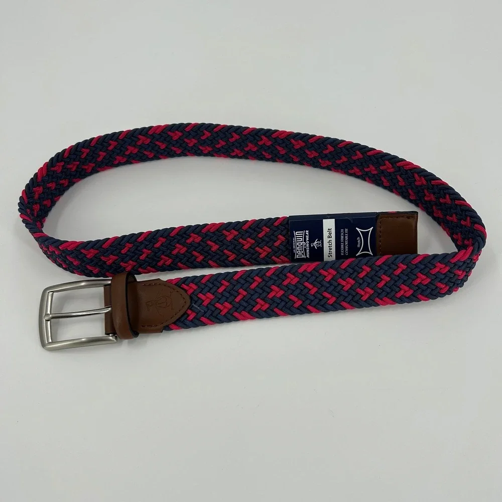 Original Penguin Mens Braided Stretch Belt Navy Red Woven HN86918 Size 30-32 NEW
